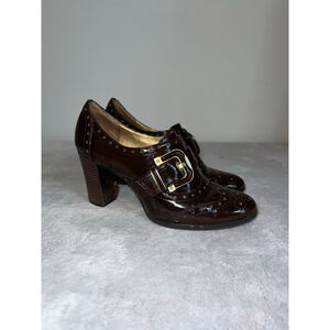 Women's Joan David Brown Patent Leather Buckle Heels Size 7